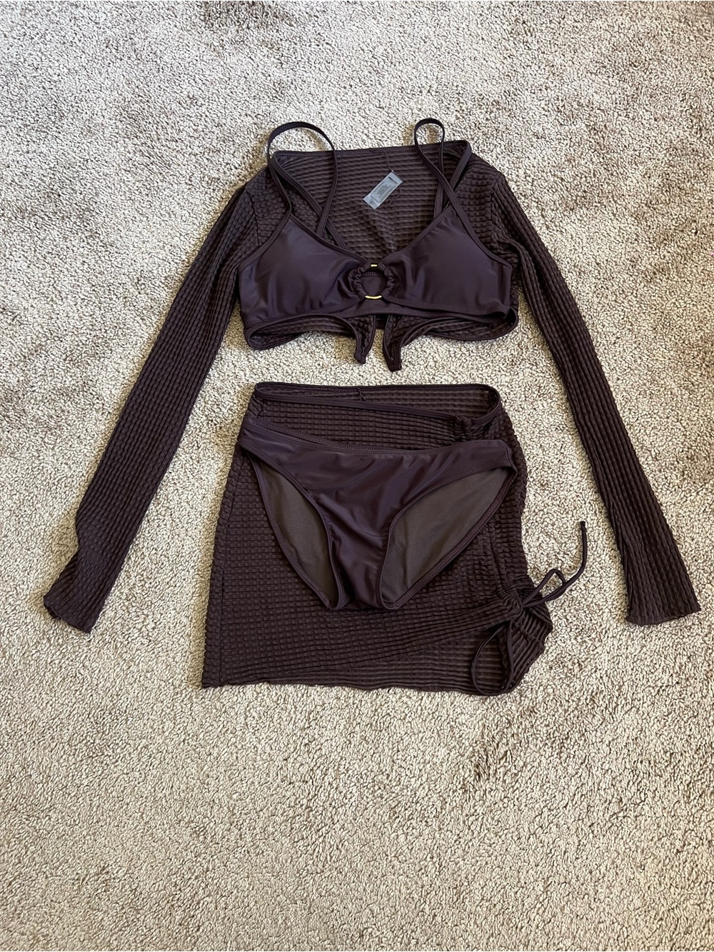Fashion Nova Dark Brown Ribbed 4-Piece Bikini Set with Cover Up